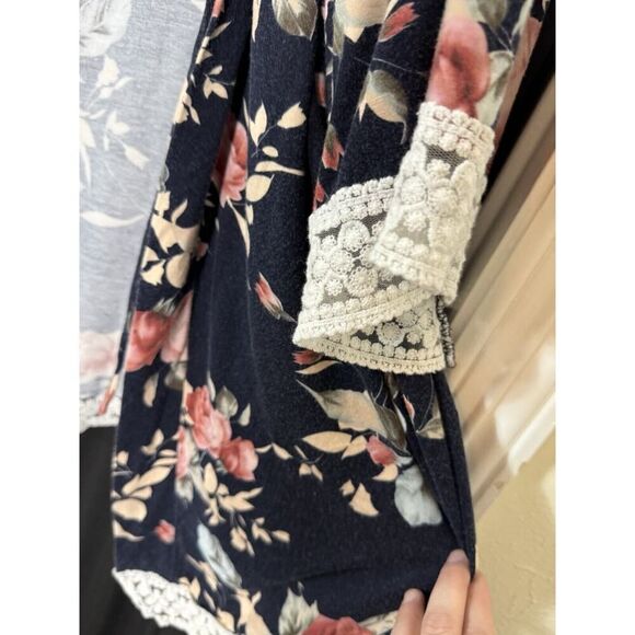 Pink Blush Open XL Dark Floral Oversized Kimono Lace Trim Spring Fairy Cottage - Picture 5 of 8